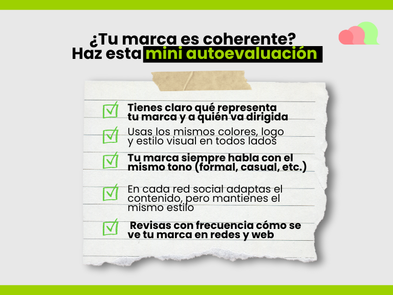 Checklist con cinco puntos para evaluar la coherencia de marca digital, con íconos de verificación y estilo visual ordenado.