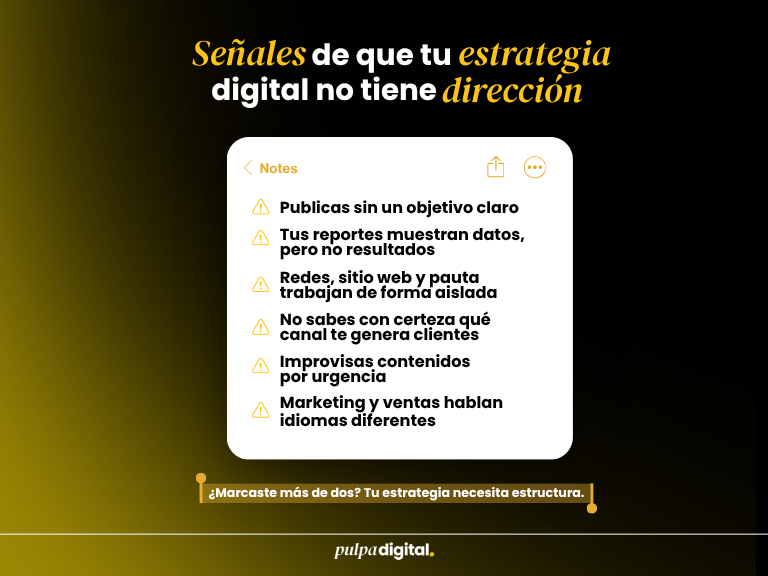 Infografía en formato de lista de notas que detalla las señales de que una estrategia de marketing digital no tiene dirección.