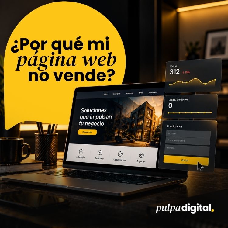 Laptop mostrando una página web que no genera ventas ni prospectos, junto a una gráfica de analítica con cero conversión, de la agencia Pulpa Digital.