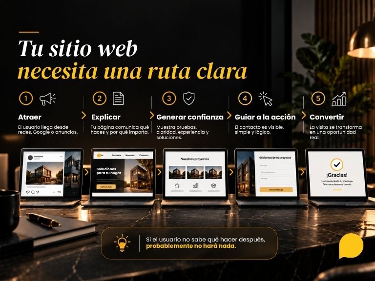 Infografía con el título 'Tu sitio web necesita una ruta clara' que muestra el proceso de 5 pasos: Atraer, Explicar, Generar confianza, Guiar a la acción y Convertir, por Pulpa Digital.