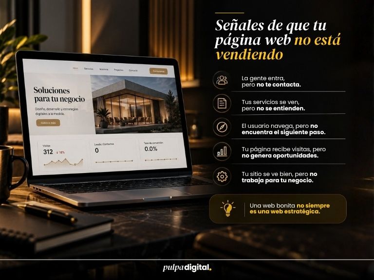 Laptop con métricas web junto a una lista de señales de que una página no vende, como falta de contactos y de claridad en los servicios, de la agencia Pulpa Digital.